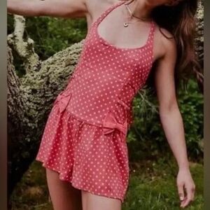 Free People High Strung Romper Red/White Polkadots W/ Bow Detail NWOT